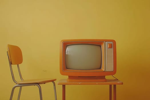A classic orange television sits on a wooden table next to a simple chair against a vibrant yellow wall, creating a nostalgic atmosphere.