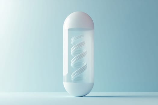 A unique capsule design showcases an internal spiral structure, illuminated against a soft blue background. The minimalist style captivates attention.
