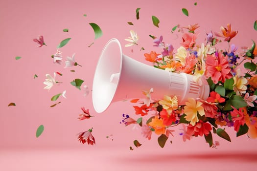 A vibrant arrangement of flowers bursts from a white megaphone, blending nature and communication in a colorful display.
