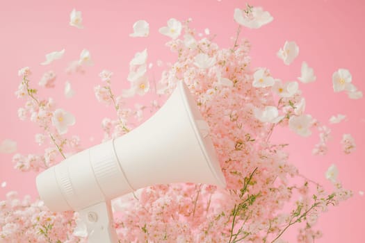 A white megaphone surrounded by soft pink flowers creates a vibrant, lively atmosphere, evoking the essence of spring and celebration.