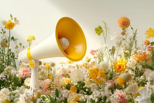 A vibrant yellow megaphone stands surrounded by a variety of colorful blooming flowers in a sunlit setting.