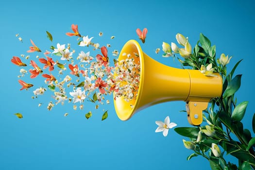 A vibrant yellow megaphone releases a cascade of colorful flowers against a bright blue background, blending nature with creativity.