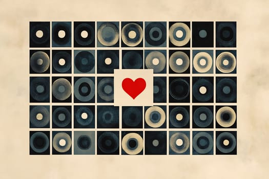 An arrangement of circular designs creates a visually striking pattern with a heart in the center, contrasting against a neutral background.