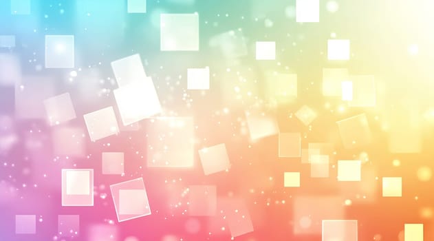 Bright squares in various sizes float against a soft gradient background, creating a vibrant and dynamic visual experience.