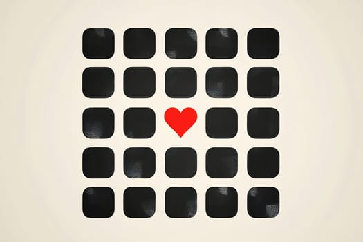 A vibrant red heart stands out amid a grid of black squares, symbolizing love and individuality in a minimalist design.