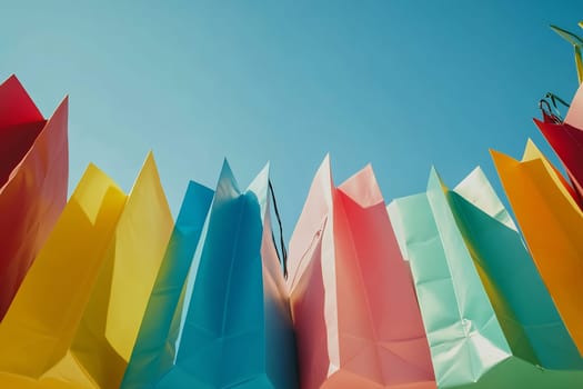 Brightly colored shopping bags are arranged against a clear blue sky, reflecting a lively shopping atmosphere.