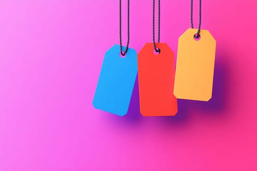 Three vibrant tags in blue, red, and yellow dangle against a pink and purple backdrop, creating a playful and vivid display.
