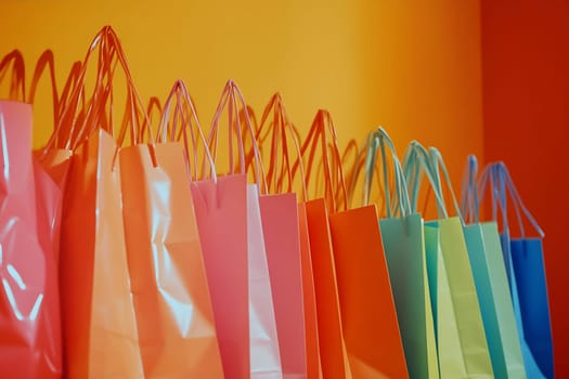 Brightly colored shopping bags hang against a lively orange background, showcasing a joyful array of hues perfect for special occasions.