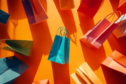 Brightly colored shopping bags are arranged on an orange surface, casting playful shadows and creating a lively atmosphere.