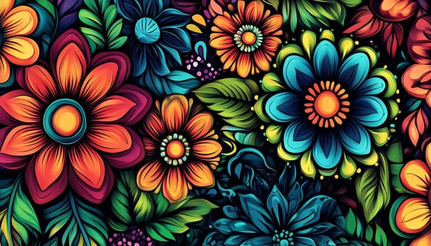 Bold floral designs filled with vibrant colors create a lively and eye-catching pattern ideal for decoration or fabric design.