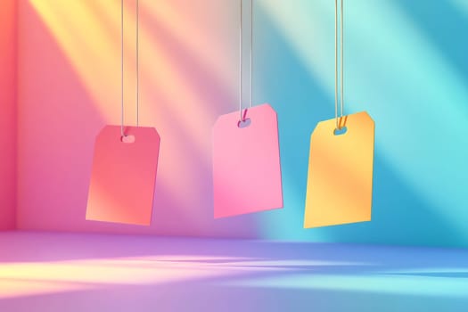 Brightly colored tags hang suspended, illuminated by soft pastel light, creating a vibrant and playful atmosphere in a minimalistic setting.