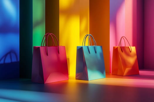Shopping bags in vibrant colors are illuminated by striking studio lighting, creating a playful mood and artistic atmosphere.