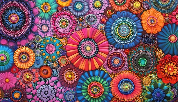 A multitude of colorful flowers and patterns creates a vibrant display, showcasing intricate designs that catch the eye.