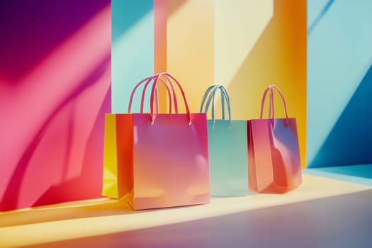 Three vibrant shopping bags stand against a backdrop of colorful walls, creating a lively and playful atmosphere filled with light.