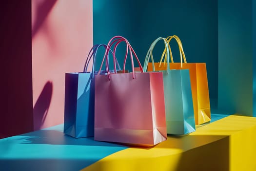 Vividly colored shopping bags rest on a bright surface, showcasing a playful arrangement in a well-lit setting.
