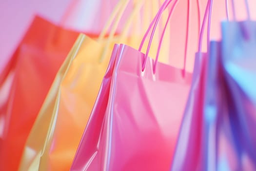 Brightly colored shopping bags in shades of pink, yellow, and orange are displayed, showcasing their vibrant hues and glossy surfaces.