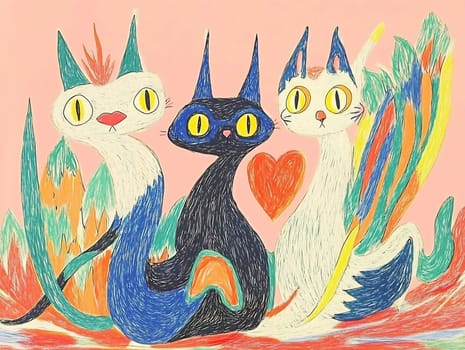 Three whimsical cats with large eyes are surrounded by colorful plants, featuring a heart symbol in the center, set against a pink background.