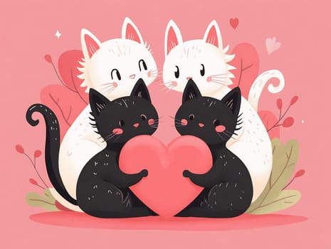 Two black cats hold a pink heart while two white cats watch. The background is soft pink with floral accents and hearts.