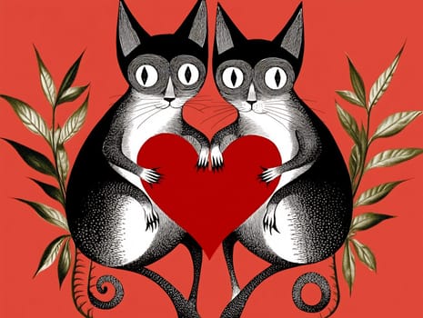 Two whimsical black and white cats embrace a red heart, surrounded by green leaves, creating a charming and playful atmosphere.