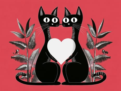 Two black cats face each other, holding a white heart, surrounded by tropical plants on a vibrant red background.