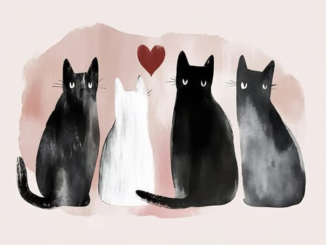 Four stylized cats in black and white face away, with a red heart in the background, creating a whimsical and loving atmosphere.