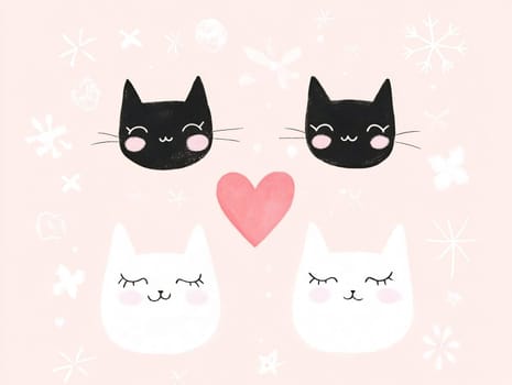 Four charming cat faces in black and white set against a soft pink background, featuring a heart in the center.