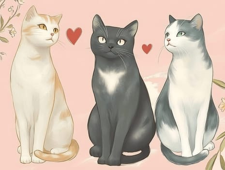 Three cats sit together, showcasing their unique features and colors, surrounded by hearts and a soft background.