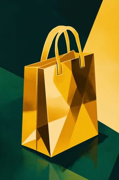 A stylish gold shopping bag rests on a geometric background, showcasing its sleek design and vibrant color.