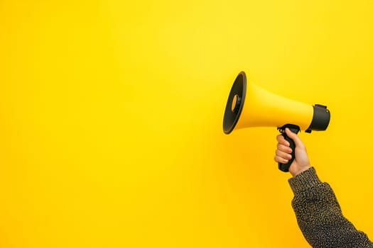 A hand holds a yellow megaphone against a vibrant yellow background, conveying a sense of energy and enthusiasm.