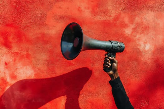 A person holds a megaphone high against a vibrant red wall, signaling a call to action with enthusiasm and urgency.