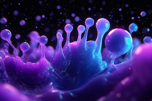 Colorful droplets collide in a dynamic display of purple and blue hues, creating an eye-catching texture in a dark setting.