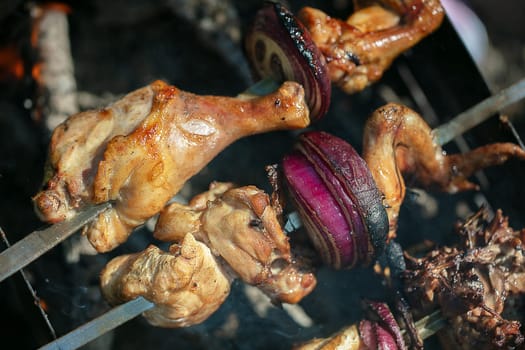 Fried chicken kebab close-up with onion rings.
