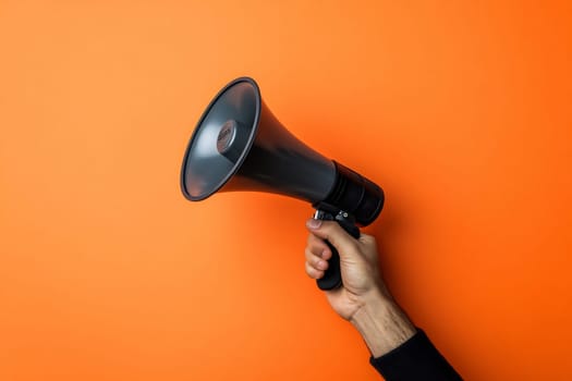A hand grips a megaphone firmly, emphasizing communication against a vibrant orange background, symbolizing attention and clarity.