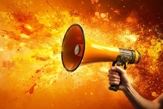 A hand holds a bright orange megaphone against a vibrant explosion of color, symbolizing energy and dynamic communication.