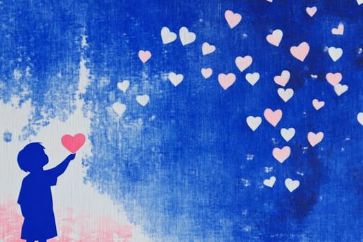 A child silhouette extends their arm toward colorful hearts drifting in a blue sky, symbolizing love and dreams.