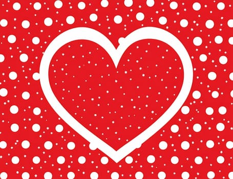 A bold heart shape outlined in white stands out on a vibrant red background filled with scattered white dots and stars, symbolizing love.