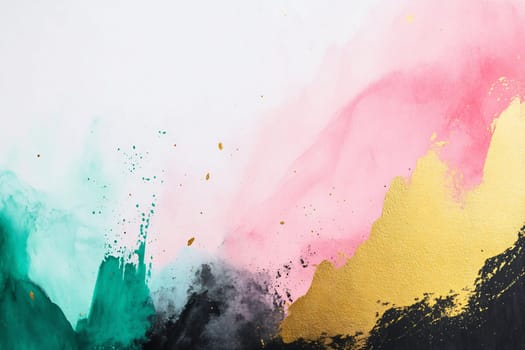 A stunning mix of green, pink, and black watercolors is enhanced with shimmering gold touches, creating a captivating abstract design.