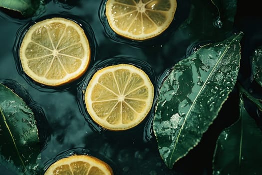 Lemon slices float on dark water, surrounded by lush green leaves, creating a refreshing and vibrant composition.