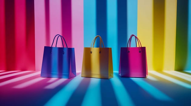 Three vibrant shopping bags in blue, yellow, and pink stand against a colorful striped backdrop with contrasting shadows.