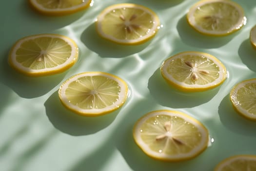 Lemon slices float atop a turquoise background, creating a bright and refreshing visual under soft light.
