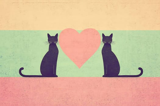 Two stylized black cats face each other, framed by pastel colors, with a heart in the center symbolizing affection and companionship.