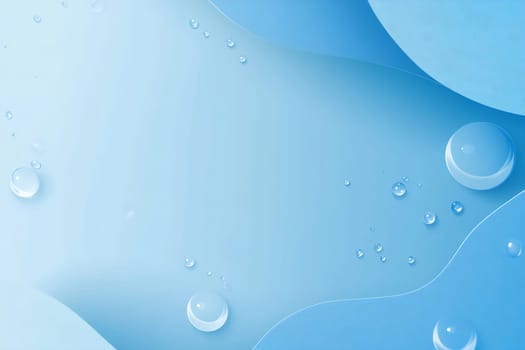 Blue background features various water droplets, creating a serene and refreshing atmosphere with smooth textures and gentle curves.