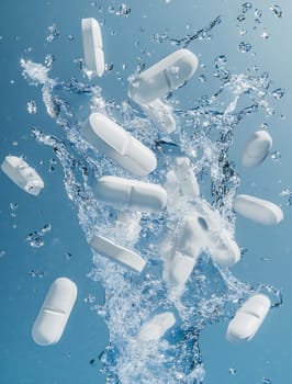 White capsules are falling into clear water, creating bubbles and splashes. The motion captures a dynamic moment of interaction.