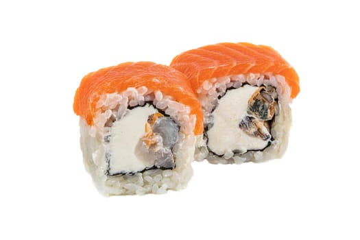 Sushi closeup isolated on white background. Sushi roll baked with red fish, trout, Philadelphia cheese and mussels. Japanese restaurant menu.