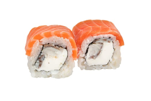 Sushi closeup isolated on white background. Sushi roll baked with red fish, trout, Philadelphia cheese and eel. Japanese restaurant menu.