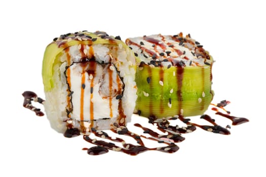 Sushi roll on a white background with Philadelphia cheese, avocado and tuna, sprinkled with soy sauce.