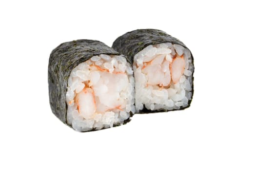 Sushi closeup isolated on white background. Nori seaweed sushi with rice and shrimp.