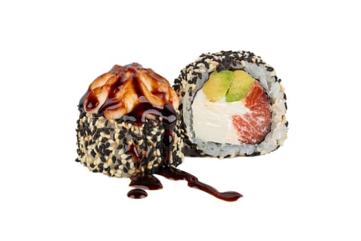 Sushi roll on a white background with Philadelphia cheese, tuna in sesame crumbs, sprinkled with soy sauce.