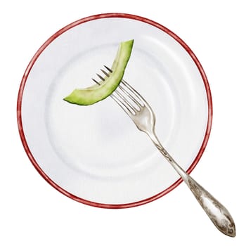 Avocado slice on plate watercolor. Hand drawn piece of ripe fruit on fork on isolated white background. Clip art food. Ideal for posters and restaurant menus of vegetarian and diet dishes. Plant sketch for kitchen