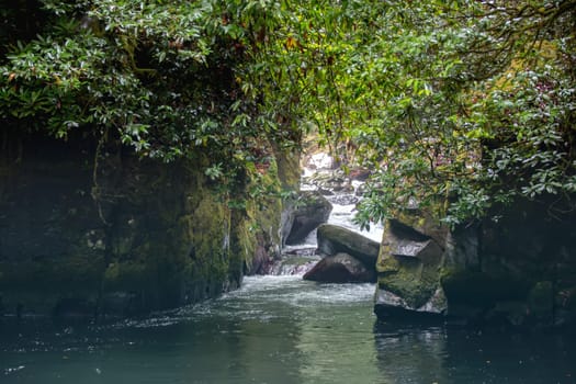 A lake among the mountains against a background of green tropical greenery.